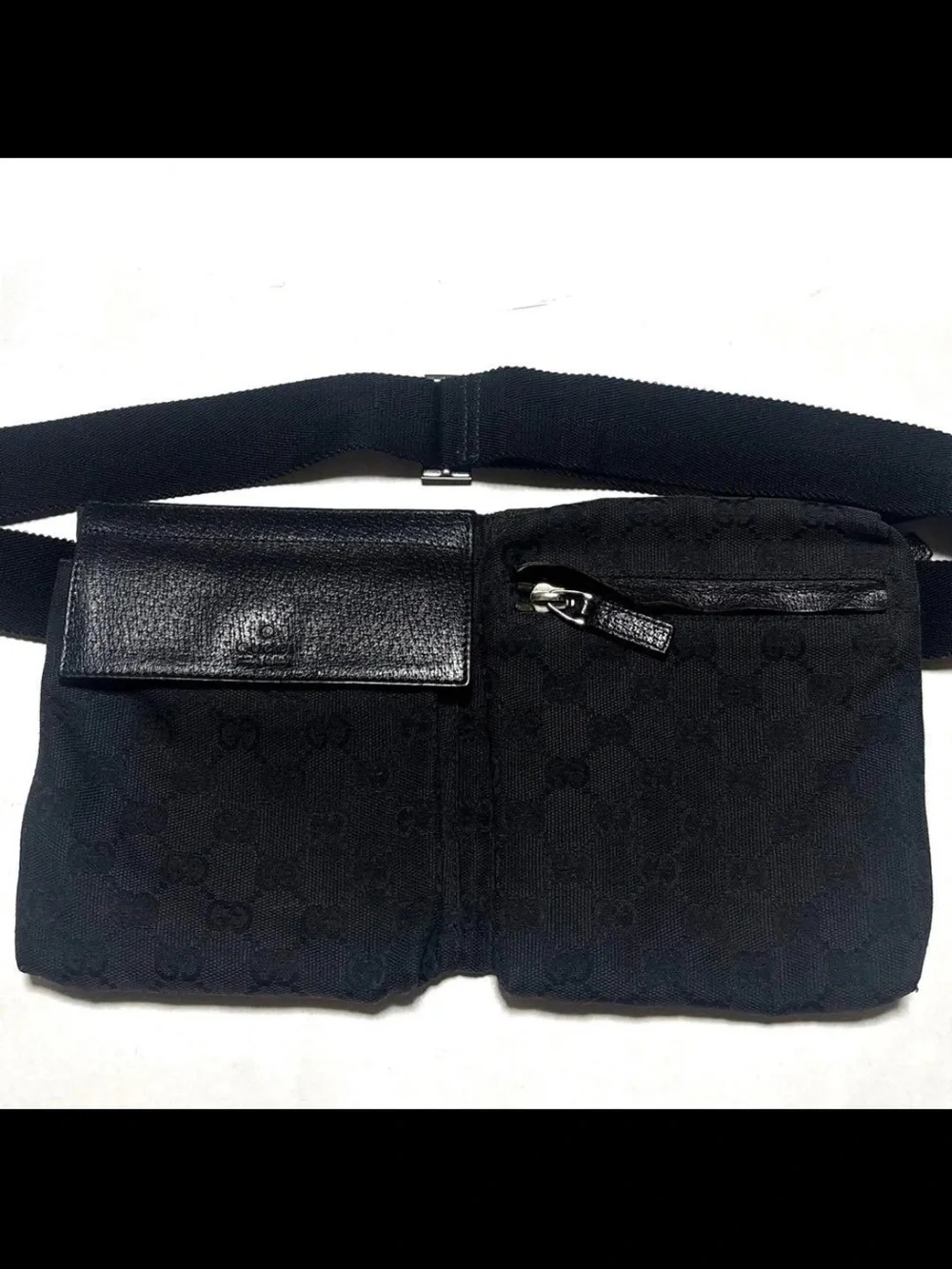 Gucci Black GG Monogram Belt Bag with Dual Pockets
